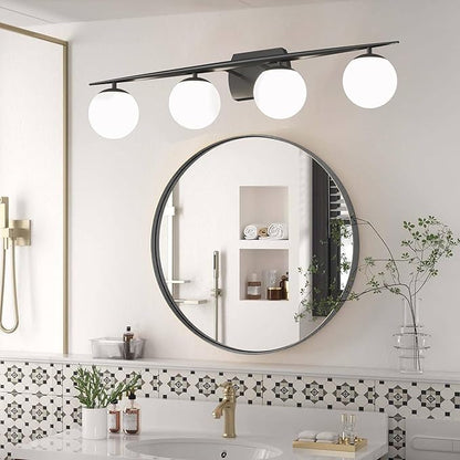 Black Vanity Lighting Fixtures, 4-Light 34.7 Inch Modern Bathroom Light with Milky White Frosted Glass Shades, Wall Lights for Bathroom, Bedroom, Living Room（G9 Bulb not Included）