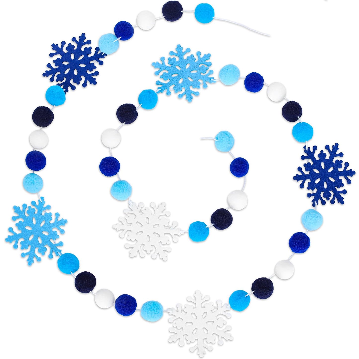 AnyDesign 8.2Ft Winter Snowflake Felt Ball Garland Cute Dark Blue Sky Blue White Pom Ball Banner Christmas Hanging Bunting Garland for Xmas Holiday Home Mantel Wall Decor Party Supplies