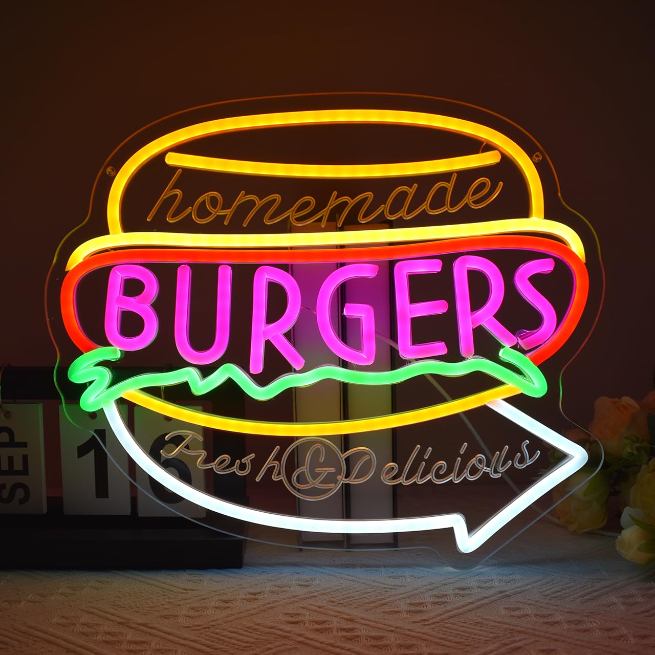 GYCLFNDDONG Burgers Neon Sign Business Hamburger Food Shop LED Neon Light for Wall Decor, USB Powered Burgers Art Signs for Kitchen Bar Restaurant Snack Food Shop Decoration