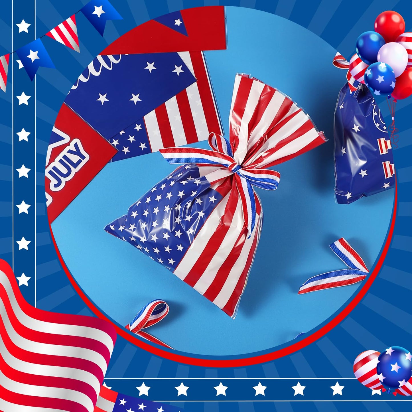 Tenare 100 Pack Christmas Treat Cellophane Bags 6 x 9 Inches Patriotic Goodie Bags Red White and Blue Candy with 40 Yards Ribbon for Christmas Independence Day Memorial Party Favor Supplies