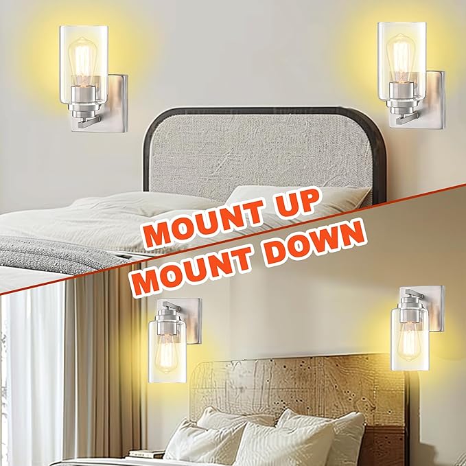 Wall Sconces Set of Two, Brushed Nickel Wall Sconce with Rotary Switch, Sconces Wall Lighting, Bedside Wall Lamps, Light Fixtures for Bathroom Bedroom Living Room Hallway Kitchen