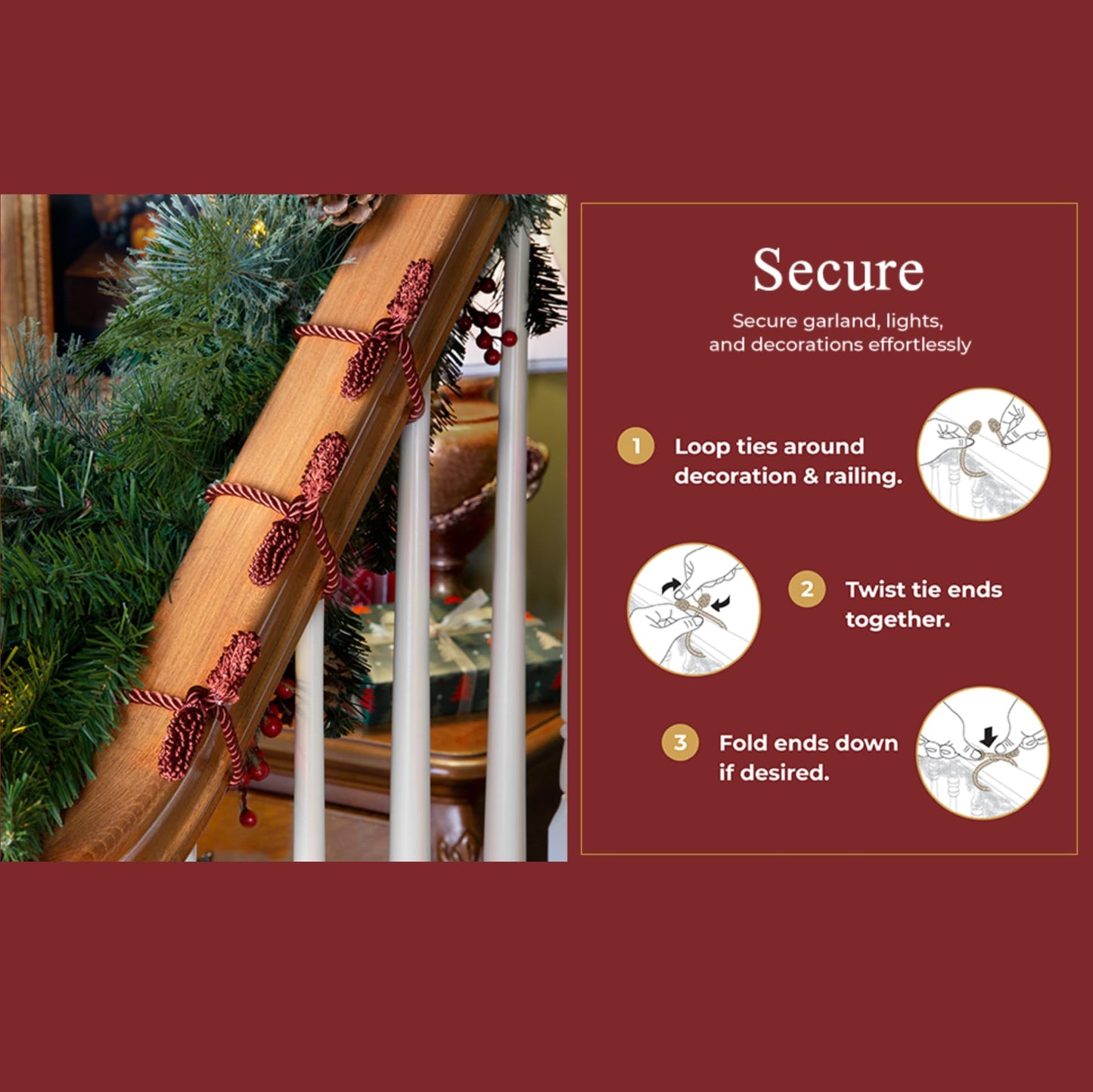 Haute Decor Decorative Garland Ties, 6 Pack, 20 inches (Burgundy) - Easily Hang and Secure Garland, Lights, and Decorations - Strong Inner Wire