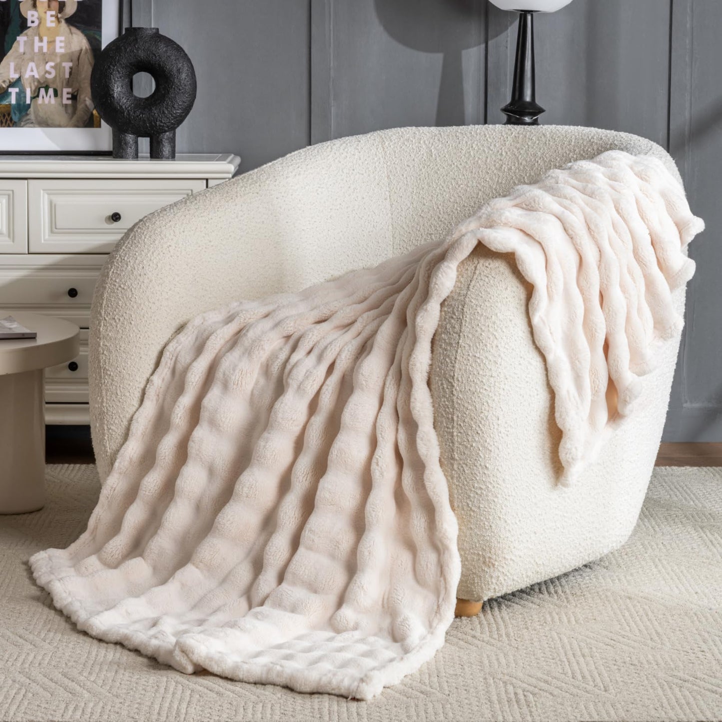 Off White Faux Fur Throw Blanket for Couch, Soft Fluffy Bubble Blanket for Bed Sofa, Thick Warm Plush Fuzzy Rabbit Fur Blanket for Fall and Winter, 50"X 60"