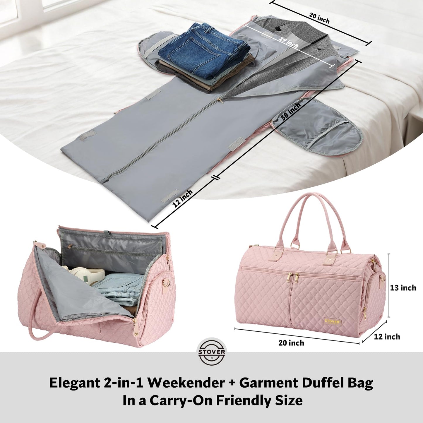 STOVER Women’s Convertible Garment Duffel Bag for Travel – 2-in-1 Carry-On Weekender/Overnight Tote - Wrinkle-Free Dresses, Suits & Clothes + Shoe Compartment & Bonus Toiletry Bag (Blush Pink)