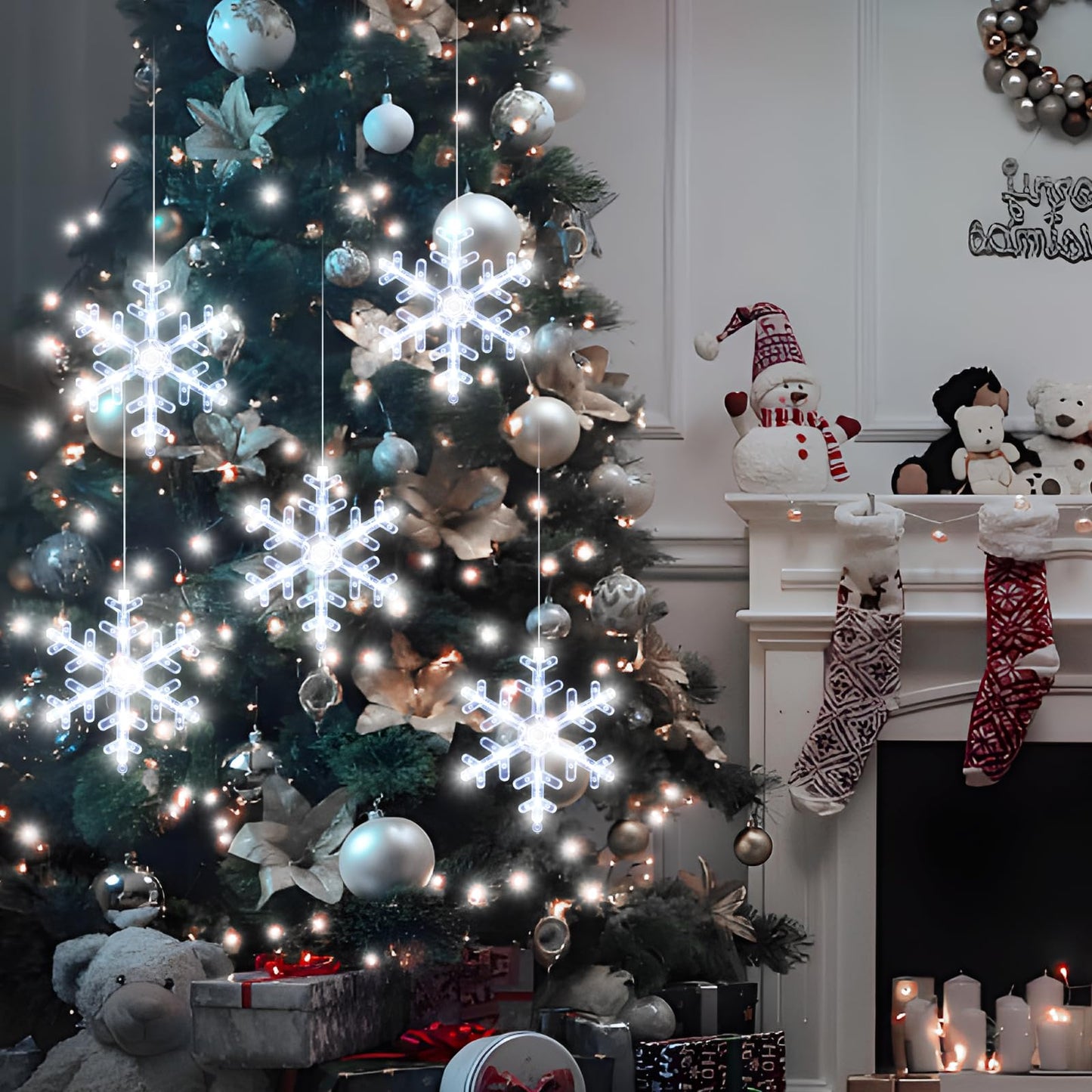 LYUBASA 5Pack Christmas Window Lights Decorations with Timer,Battery Powered Christmas Hanging White Lighted Snowflake Shaped LED Sucker for Xmas Tree Fireplace Indoor Decor