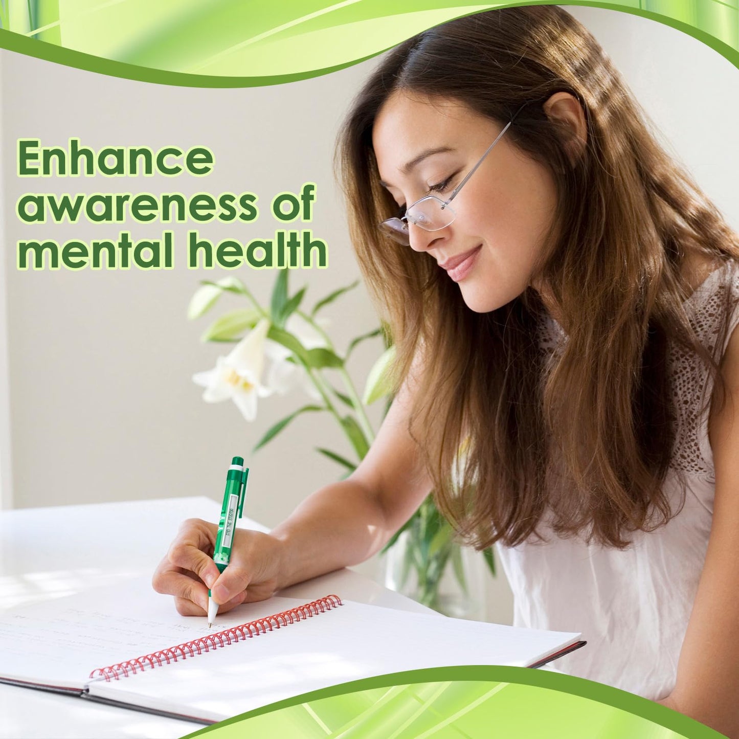 Lincia 50 Pcs Mental Health Awareness Items Green Ribbon Message Pens World Mental Health Day Retractable Ballpoint Pen for School Nonprofit Organization Charity Classroom Supply 1.0 mm Black Ink