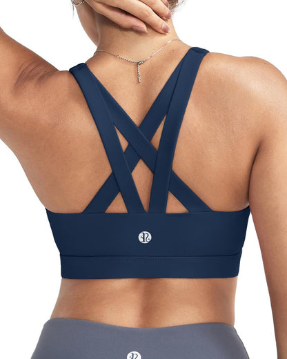 RUNNING GIRL Sports Bra for Women, Criss-Cross Back Padded Strappy Sports Bras Medium Support Yoga Bra with Removable Cups(2575_Navy Blue_3XL)