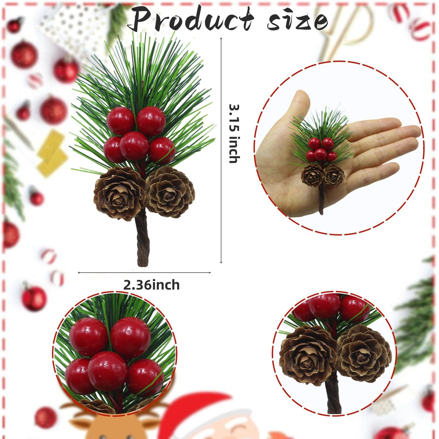 Christmas Floral Picks with Pine Cones and Holly Berries, 30Pcs Artificial Pine Greenery Stems Christmas Picks and Sprays for Holiday Decoration, Crafts, Gift Wrap Embellishments (30)