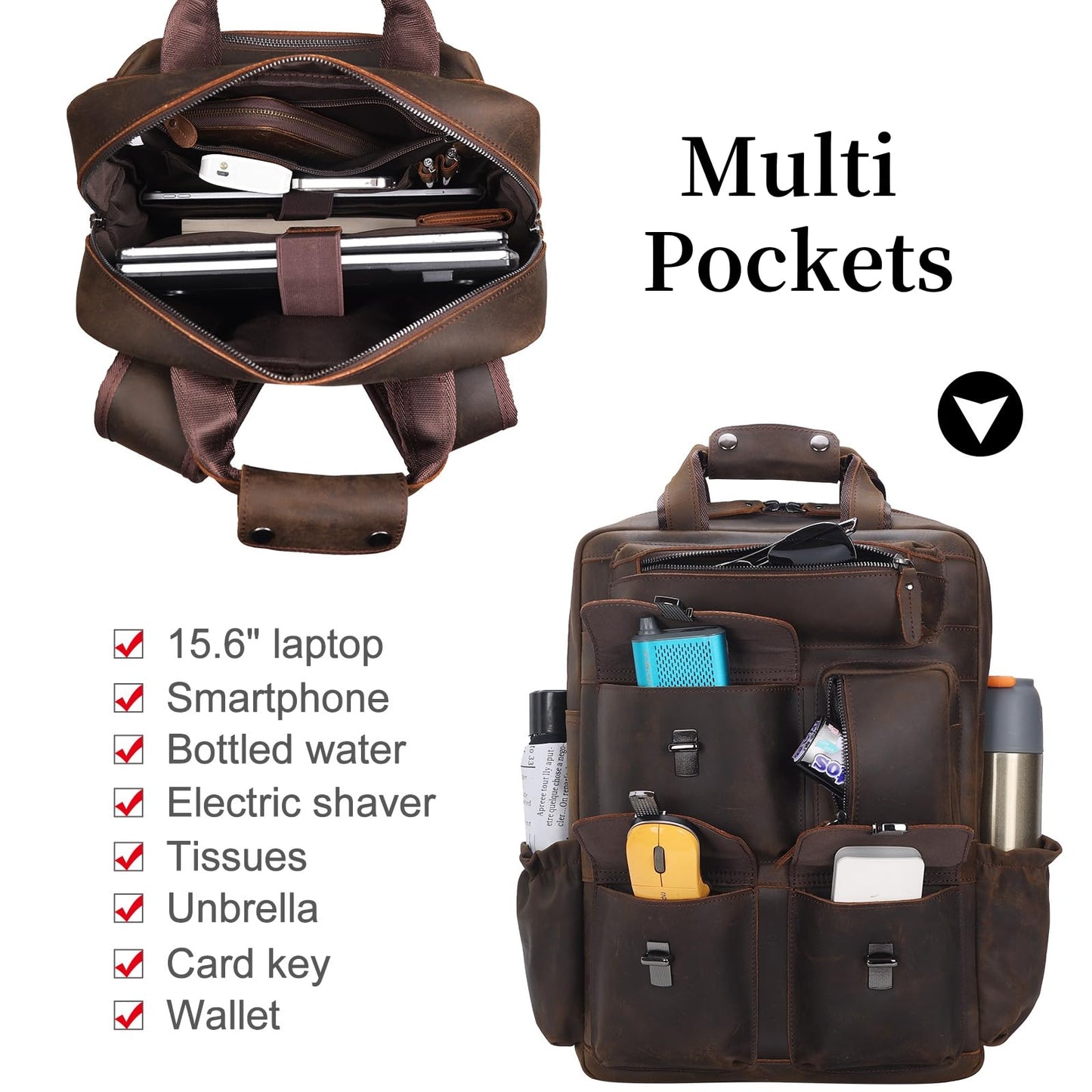 Masa Kawa Leather Backpack for Men Vintage 15.6 Inch Laptop Bag Multi Pockets Casual Work Travel Camping Daypack (deep brown)