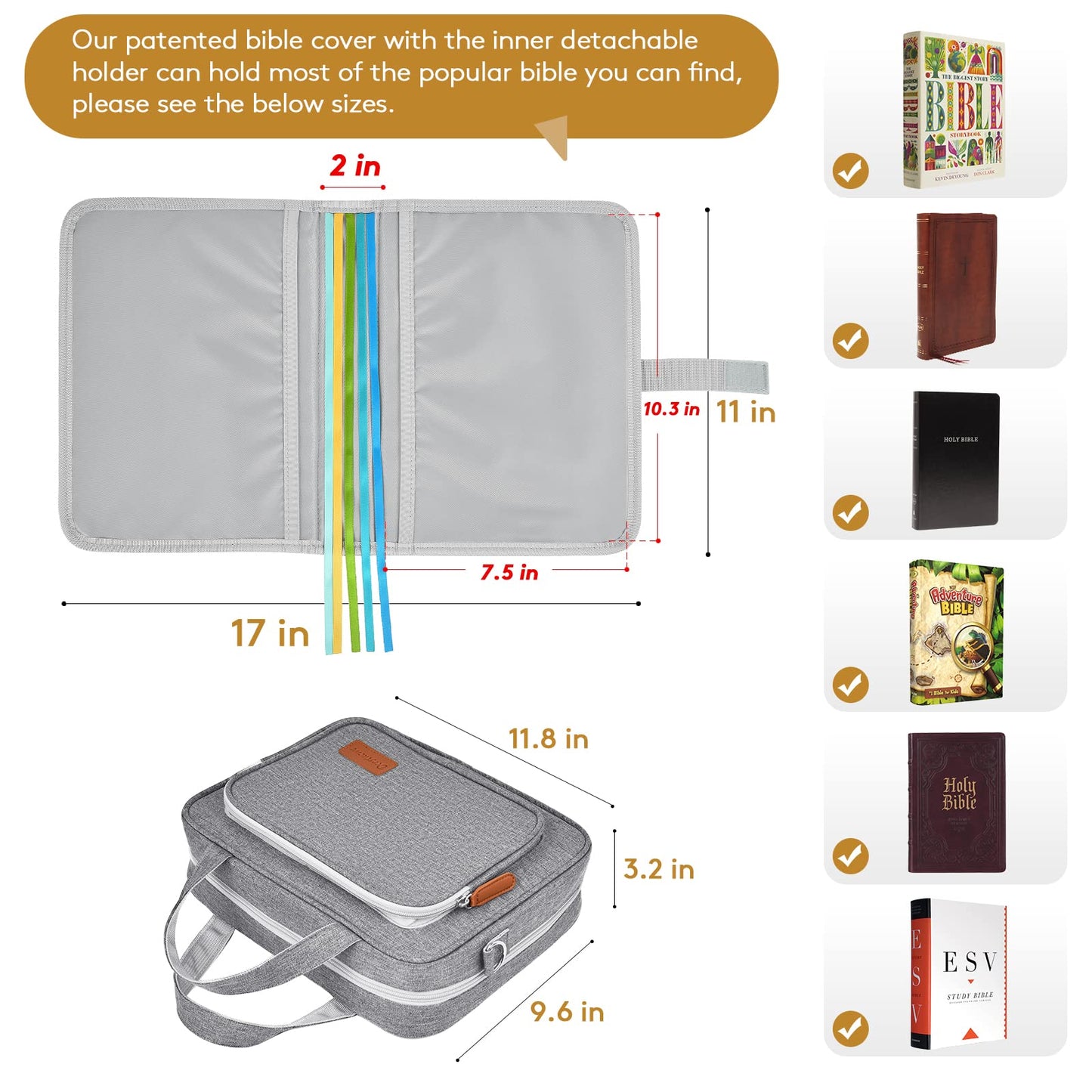 Grey Bible Cover Case with Gift Box - Crossbody Bag for Large Print Bibles, Complete Study Kit & Accessories