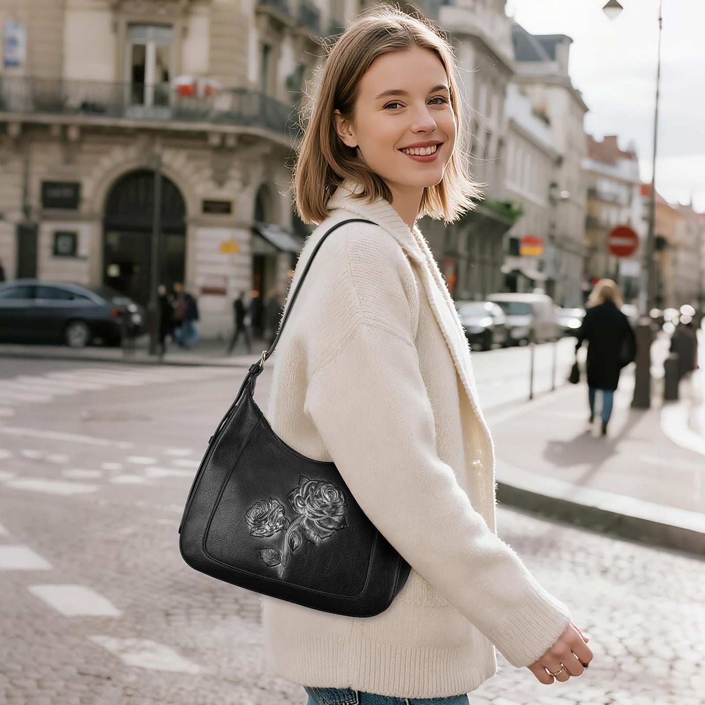 VIMUTI Small Shoulder Bag for Women, Vegan Leather Embossed Hobo Purse with Underarm Strap, Compact Daily Handbag (Black)