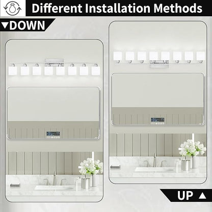 Brushed Nickel Light Fixture Bathroom for Huge Mirror, 8 Light Mirror Lights with Milky White Frosted Glass Shades, 51 inch Bathroom Mirror Lights for Mirrorss, E26 Socket