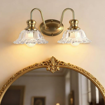 2-Lights Bathroom Vanity Light Gold Vintage Light Fixtures Matte Antique Flower Floral Brass Crystal Glass Shade Wall Sconces Lighting for Living Room, Bedroom, Hallway（E26 Base）