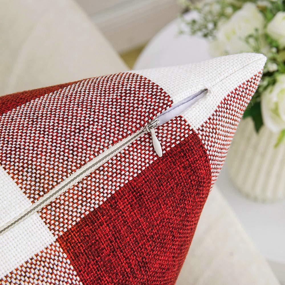 MIULEE Pack of 2 Christmas Classic Farmhouse Buffalo Check Plaids Linen Soft Soild Decorative Square Porch Throw Pillow Covers Home Decor Cushion Case for Sofa Bedroom 18x18 Inch, White and Red