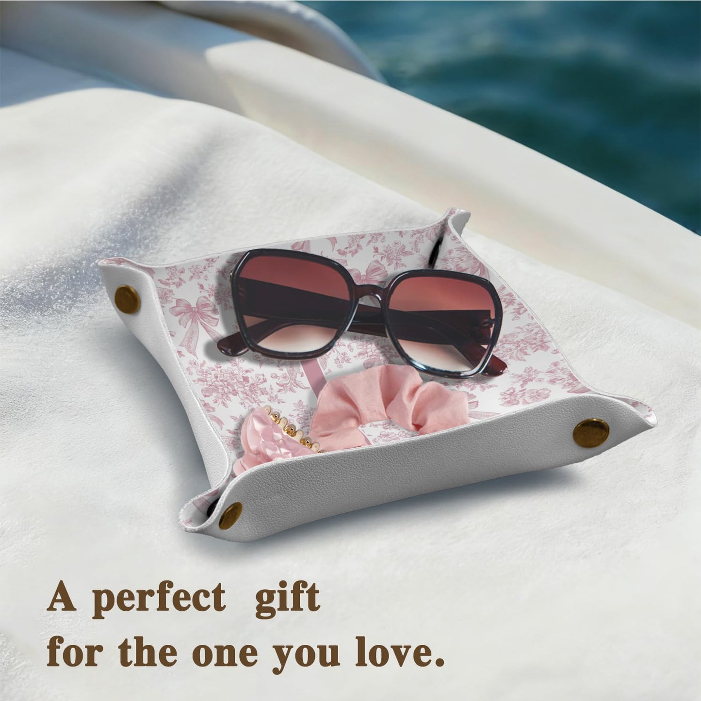Dilemat Gifts for Women Initial Valet Tray,Pink Bow Personalized Gifts for Women Mom Grandma Girlfriend,Nightstand Desk Accessories PU Leather Tray Organizer for Birthday Christmas Gift Ideas (J)