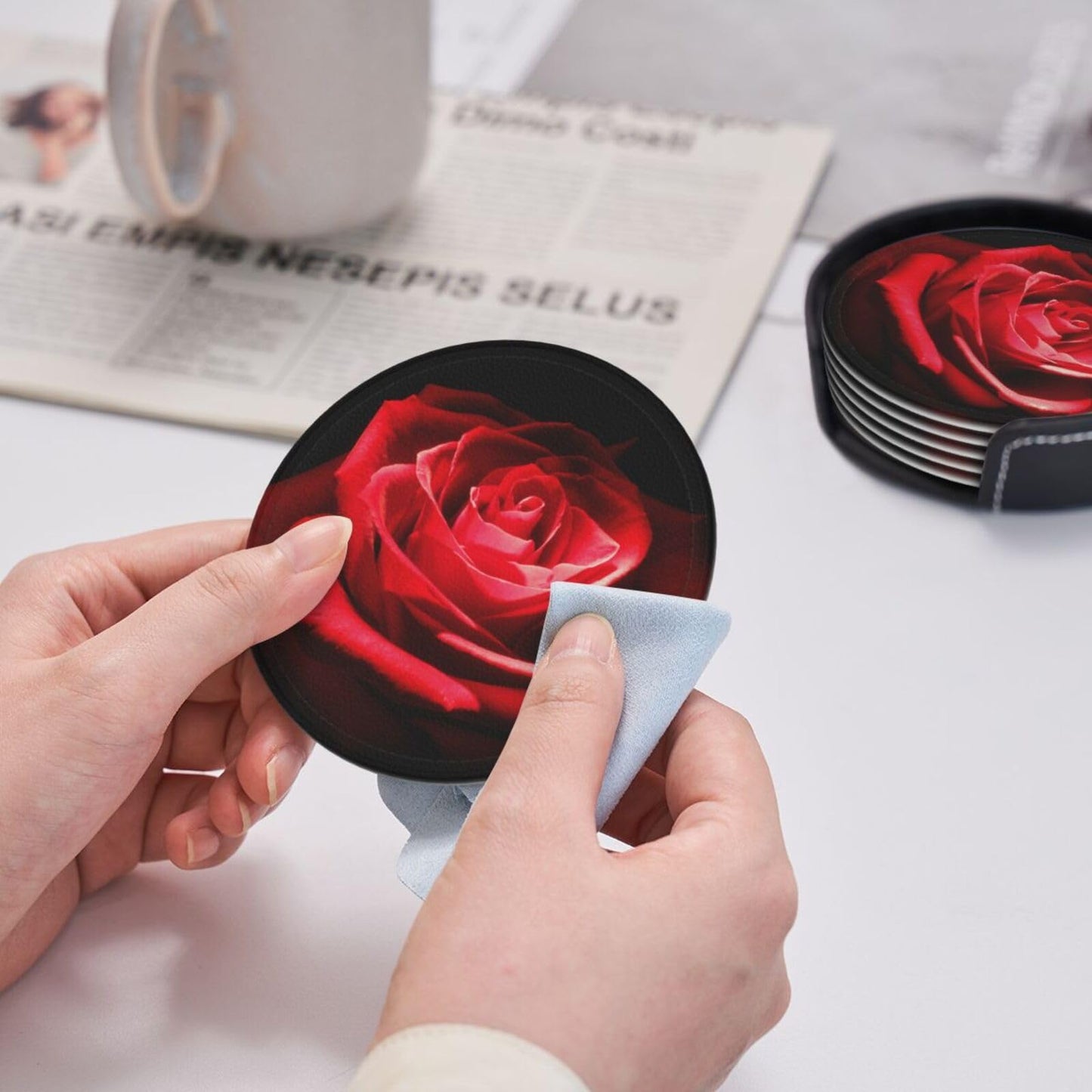 Stylish Red Rose Flower Coasters For Drinks Round Leather Coaster With Holder Set Of 6 For Tabletop Protection Desk Accessories Office Home Room Decor