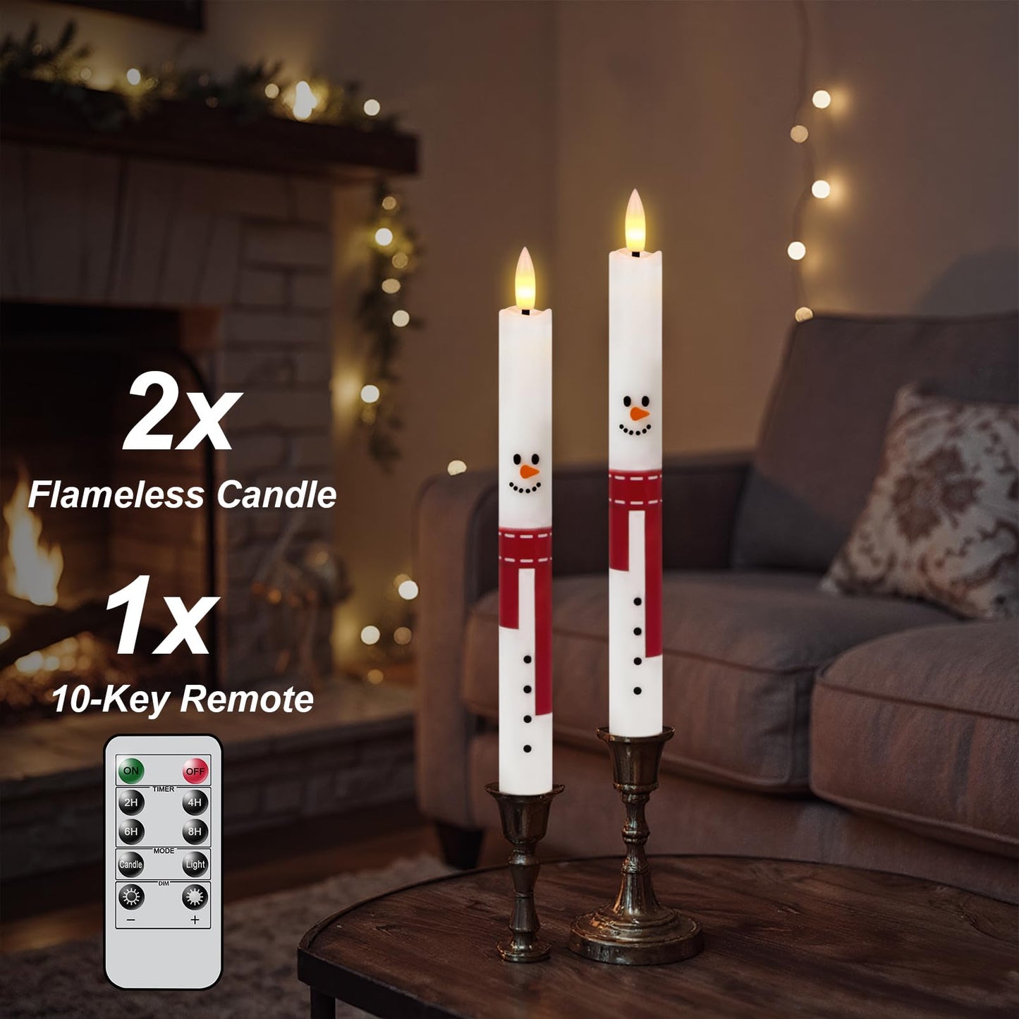 Lasumora Christmas Flameless Taper Candles with Remote Timer, 2 Pcs Snowman with Scarf LED Candlesticks with 3D Flickering Flame for Home Décor Christmas Gifts