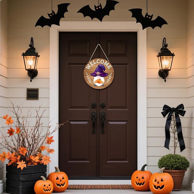 Interchangeable Seasonal Welcome Sign Front Door Decoration,Rustic Round Wood Wreaths Wall Hanging Outdoor Decor for Spring Summer Autumn and Winter All Seasons Holiday Halloween Christmas(Elf)
