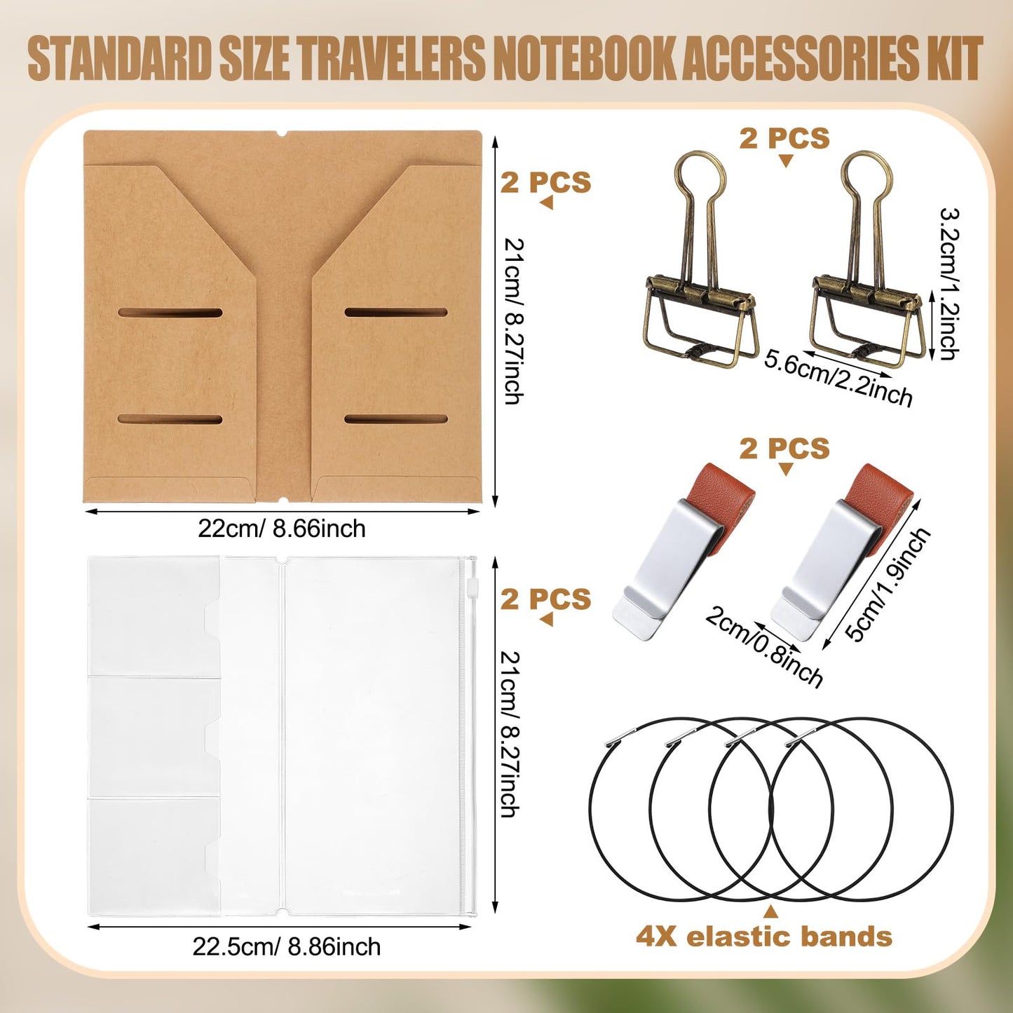 Travelers Journal Notebook Accessories Kit Include Travel Kraft File Folder, Zipper Case, Pen Holder, Binder Clip and Elastic Bands Travel Accessories Supplies(2 Pack,Standard Size)