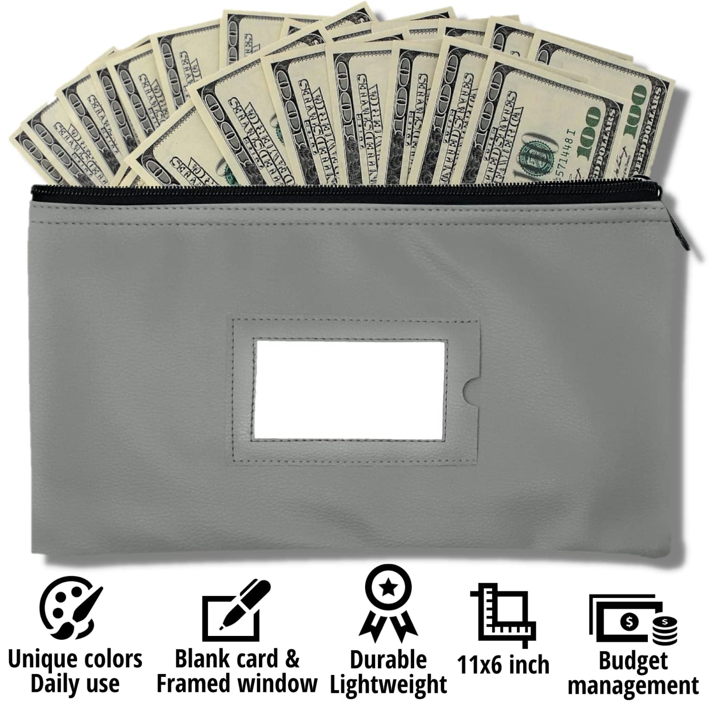 Money Bank Deposit Bag with Zipper | 11x6 inch | Grey | Durable Leatherette Money Cash Coin Check Wallet Pouch for Men & Women with Framed ID Window and Blank Card | by GIDABRAND (7)