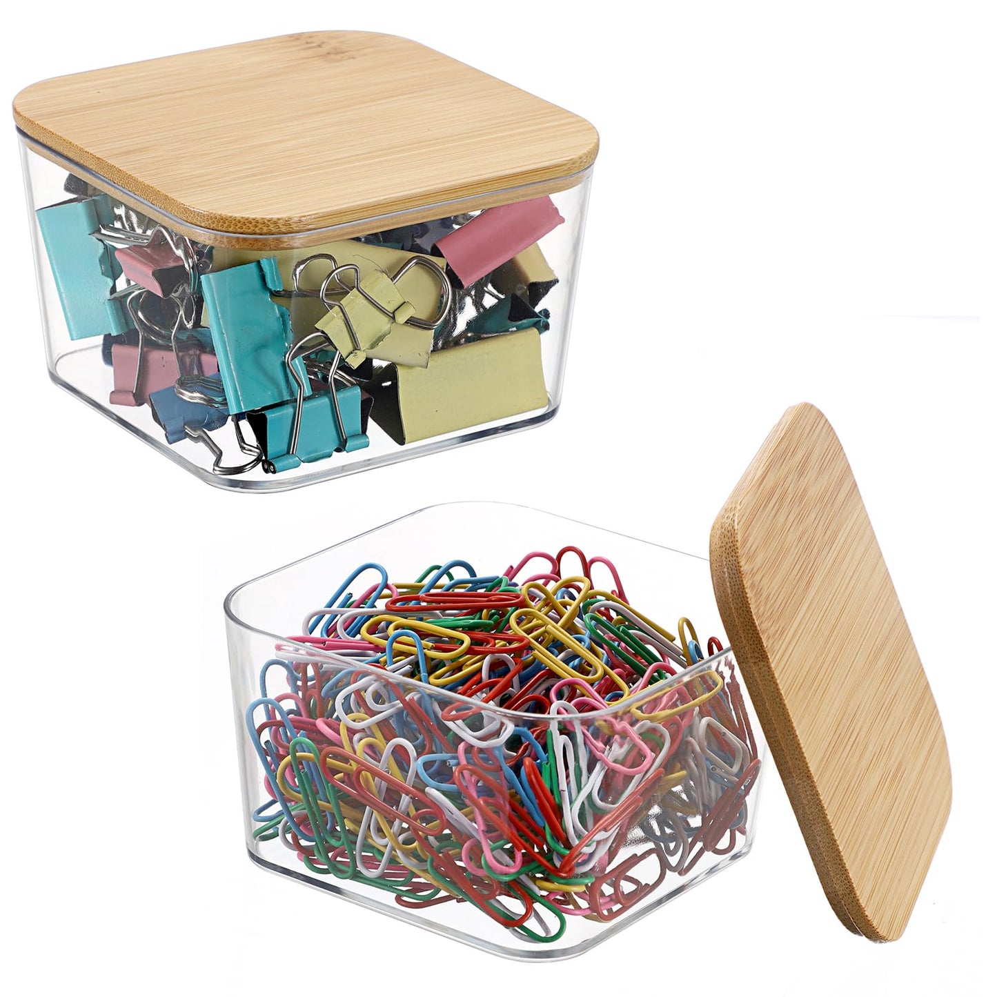 BTSKY 2 Pack Clear Stackable Paper Clip Holder with Bamboo Lid Paperclip Box Plastic Cute Office Supply Accessory Organizer Square Small Storage Holder Cute Qtip Holder for Office Bathroom Vanity