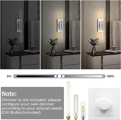 Chrome Wall Sconces, 22.8" Bathroom Sconces, Indoor Sconces Wall Lighting Up and Down, Nickel Wall Sconce Dimmable, Vanity Lights Fixtures with Tube, Glass Sconce for Bedroom, Staircase