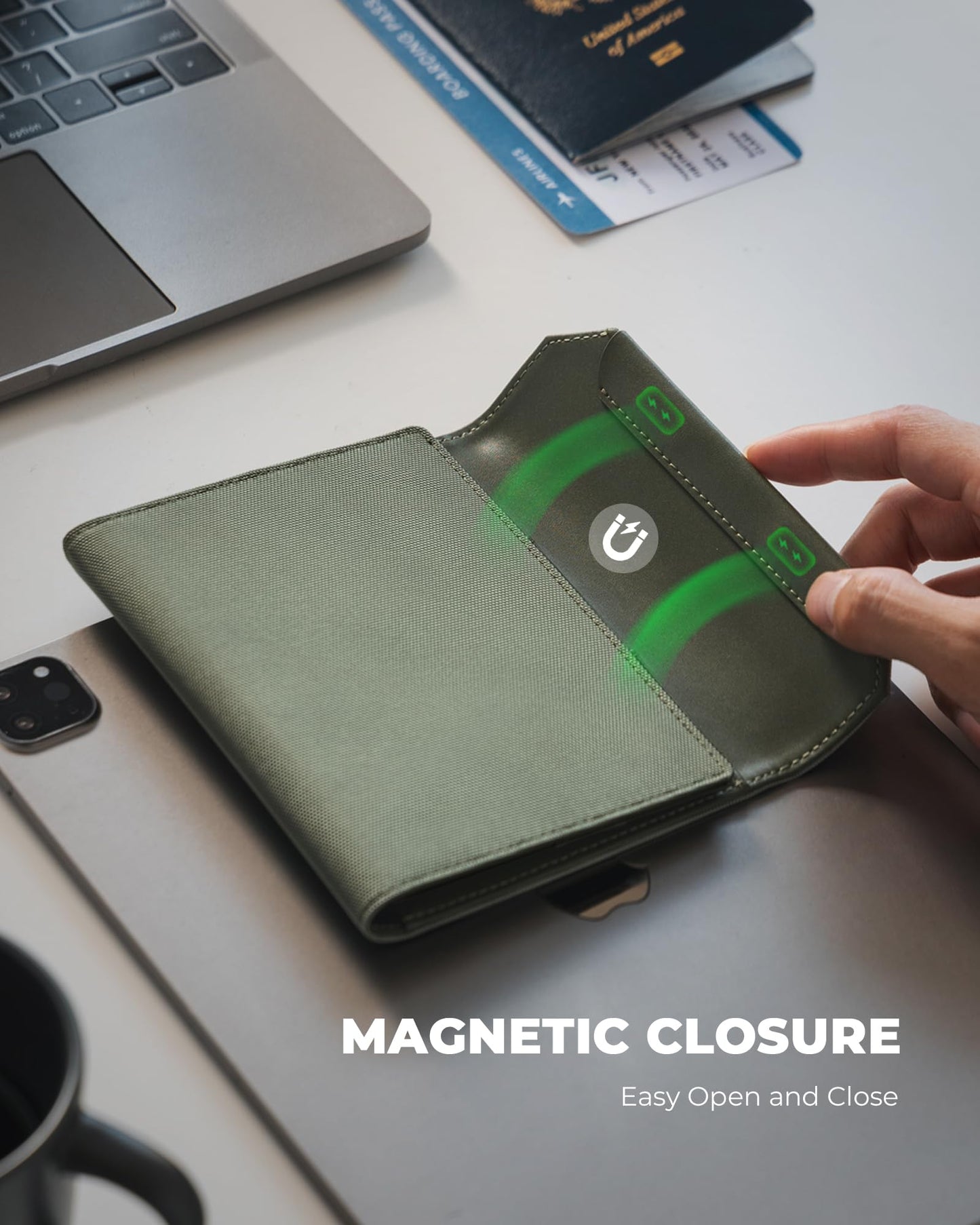 VULKIT Passport Wallet with Detachable AirTag Holder, Vegan Leather Passport Holder, RFID Blocking, Travel Essential, Magnetic Closure, Green