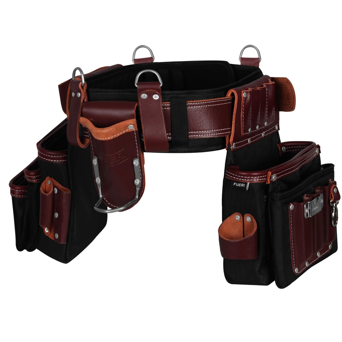 FUERI Electrician's Heavy Duty 26 Pocket Leather-Nylon Tool Belt & Suspender Combo, Comfort Back Support Padded Belt, 2 Large Storage Capacity Pouches, Best for Framers, Carpenter, Roofing
