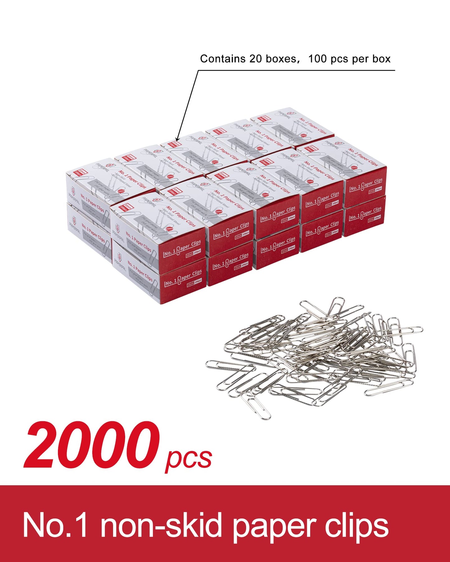 PAPERPAL Paperclips for Office School & Personal Use, #1 Nonskid Paper Clip (1-2/7"), 2000 Medium Paper Clips (20 Boxes of 100 Each), Silver