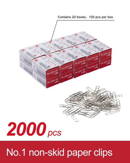PAPERPAL Paperclips for Office School & Personal Use, #1 Nonskid Paper Clip (1-2/7"), 2000 Medium Paper Clips (20 Boxes of 100 Each), Silver