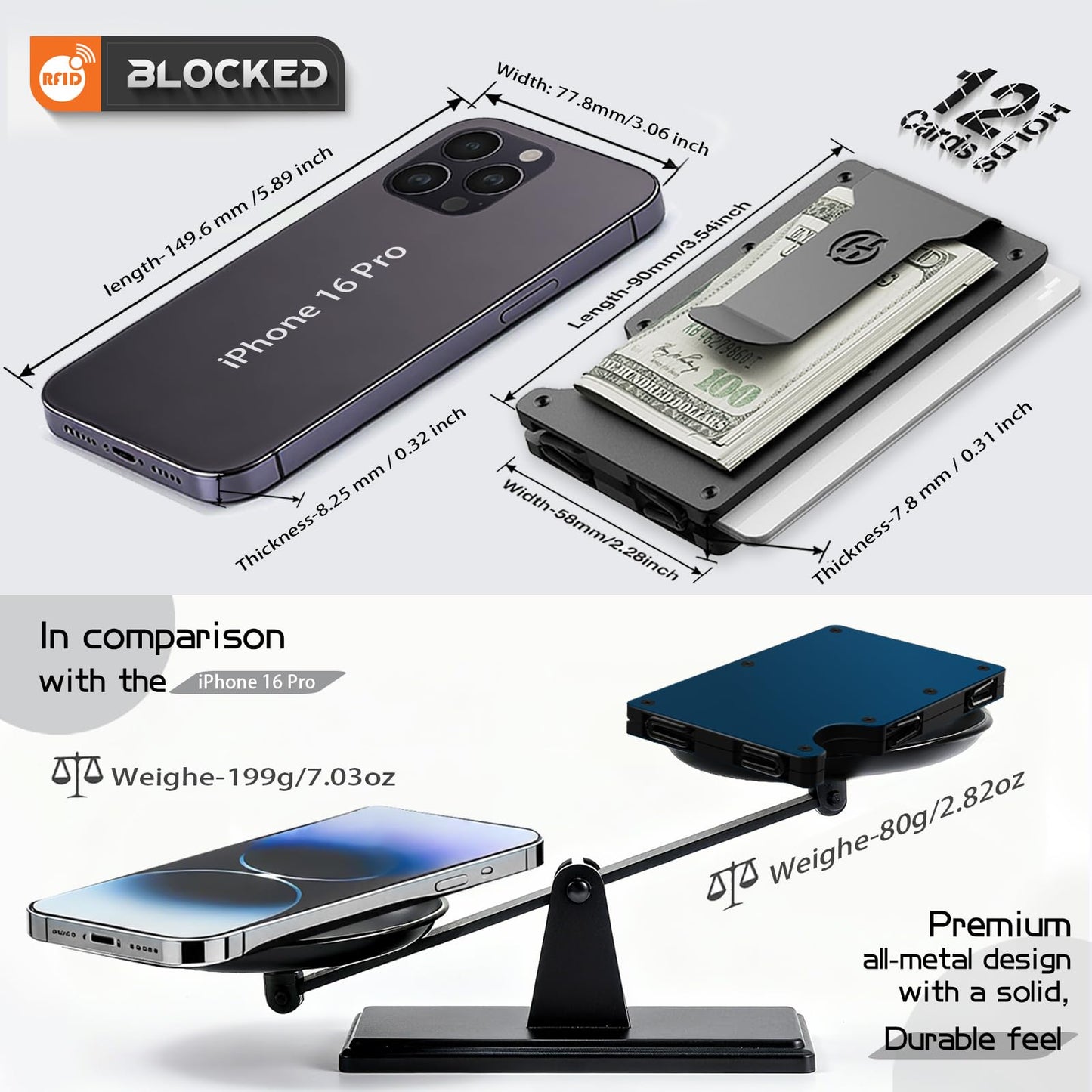 HIESGIE Compatible with MagSafe Wallet, Slim Wallet for Men with Money Clip, Rfid Blocking Metal Card Holder, Minimalist Magnetic Wallet Compatible with iPhone 16/15/14/13/12 Series - Classic Black