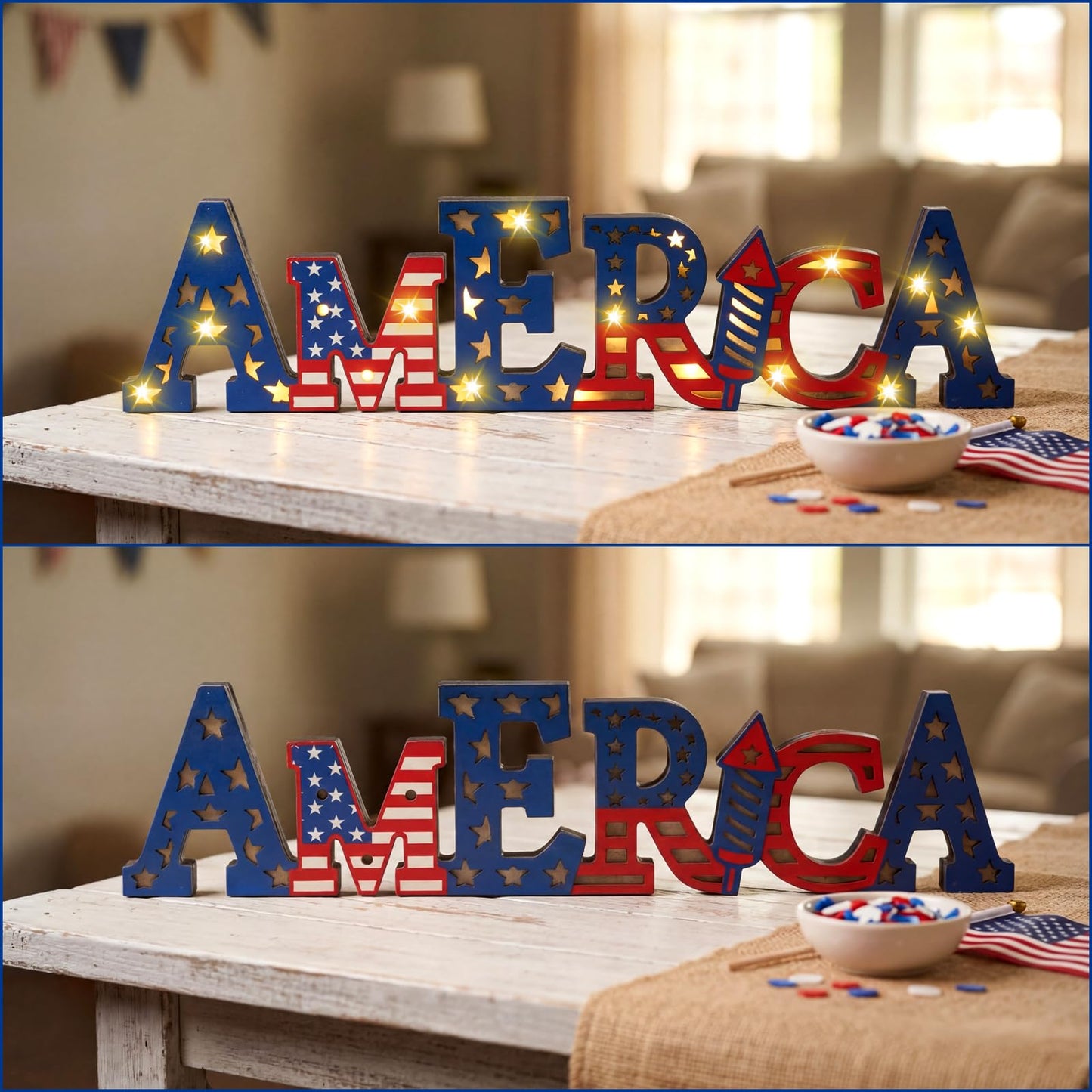 Geetery America LED Wooden Sign Patriotic Wooden Words Sign 4th of July Tabletop Centerpiece Decor 250th Anniversary Decorations for Independence Day Memorial Day Party Home Office