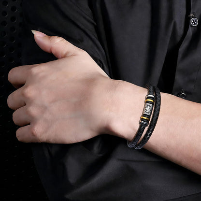 leejory Viking Bracelet for Men, Double-Row Braided Genuine Black Leather Cuff Wristband Norse Compass Symbol Vegvisir Bracelets, Nordic Jewelry Religious Pagan Amulet Gift for Mens Teen Grandson Son
