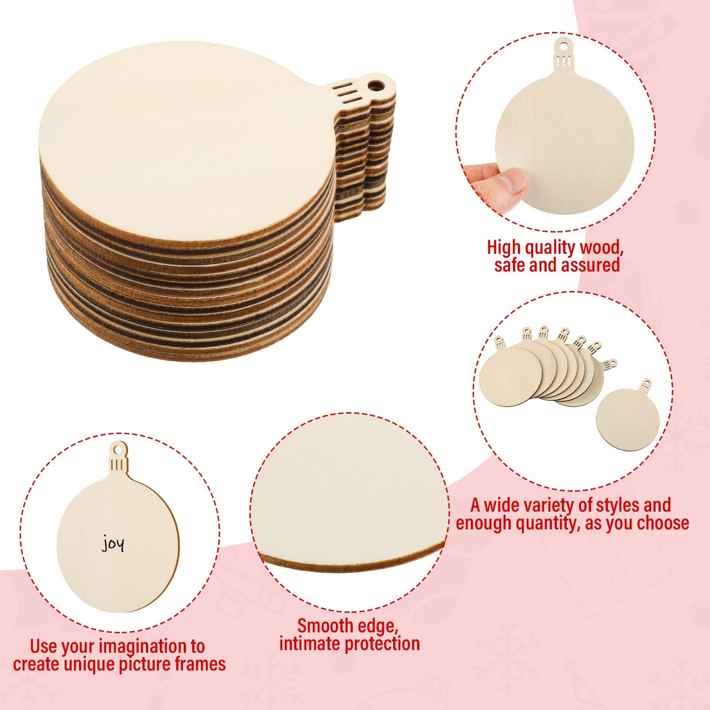 Blulu 60 Pieces Christmas Wooden Ornaments 3.5" Round Wood Slices Snowflake Angel Shape with Cords for DIY Crafts New Year Christmas Tree Pendant Ornaments(Style 1)