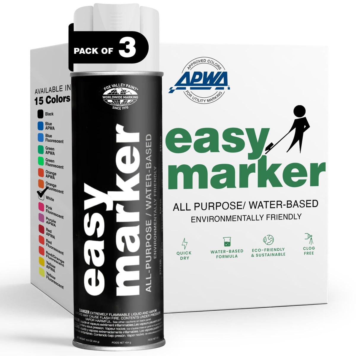 Fox Valley Easy Marker Inverted Marking Spray Paint, White - 18 oz (Pack of 3), Upside Down Marking Paint for Grass & Tree Marking, Parking Lot, Quick Drying & Durable