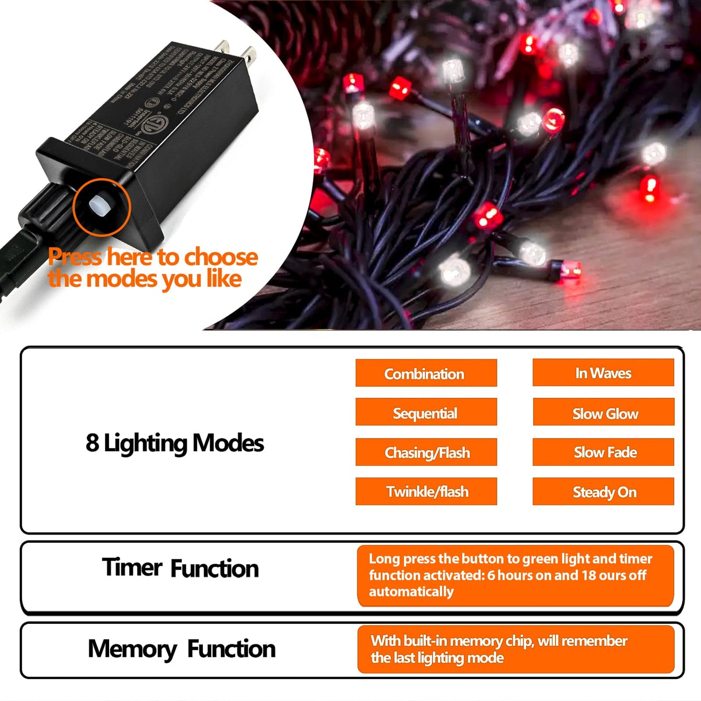 75.8 FT 200 LED Red and White Christmas Lights Outdoor Indoor, Timer & Memory Function & 8 Modes, Extendable Green Wire, Waterproof Fairy Twinkle Lights for Xmas Tree Holiday Party Garden Yard Decor