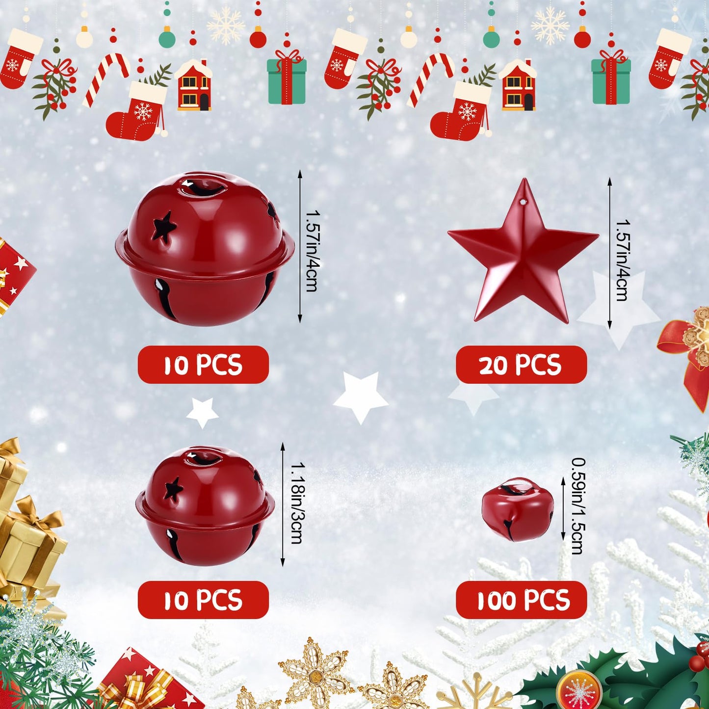 Dilunave 140 Pieces Rustic Christmas Bell Set, Includes 100 Small Rustic Jingle 20 Star Cutout Bells 20 Metal Star Hanging Ornament for Christmas Tree Home Decor DIY Craft(Dark Red)