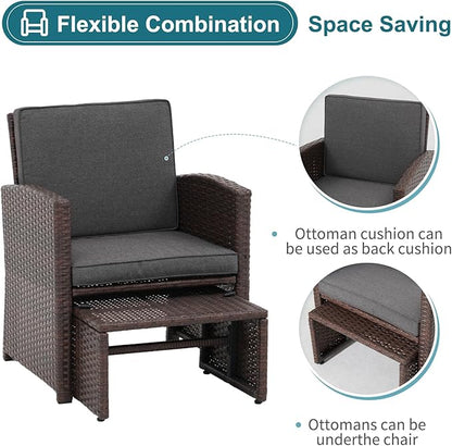 OC Orange-Casual 5 Pcs Patio Conversation Set Balcony Furniture Set with Cushions, Brown Wicker Chair with Ottoman, Storage Table for Backyard, Garden, Porch, Dark Grey