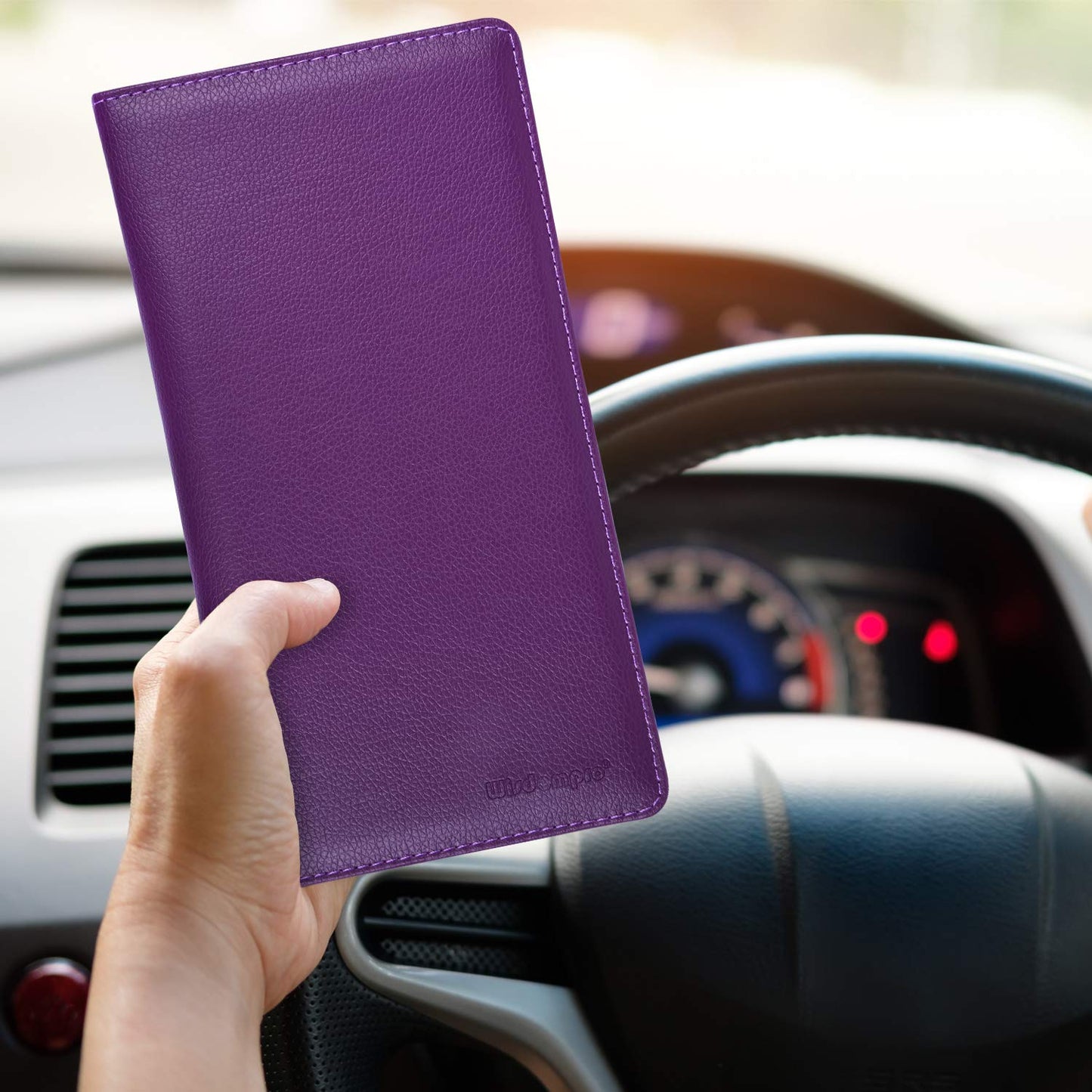 Wisdompro Car Registration and Insurance Holder - Premium PU Leather Vehicle Glove Box Organizer Wallet for Document, License, Card and Other Essentials (Purple)