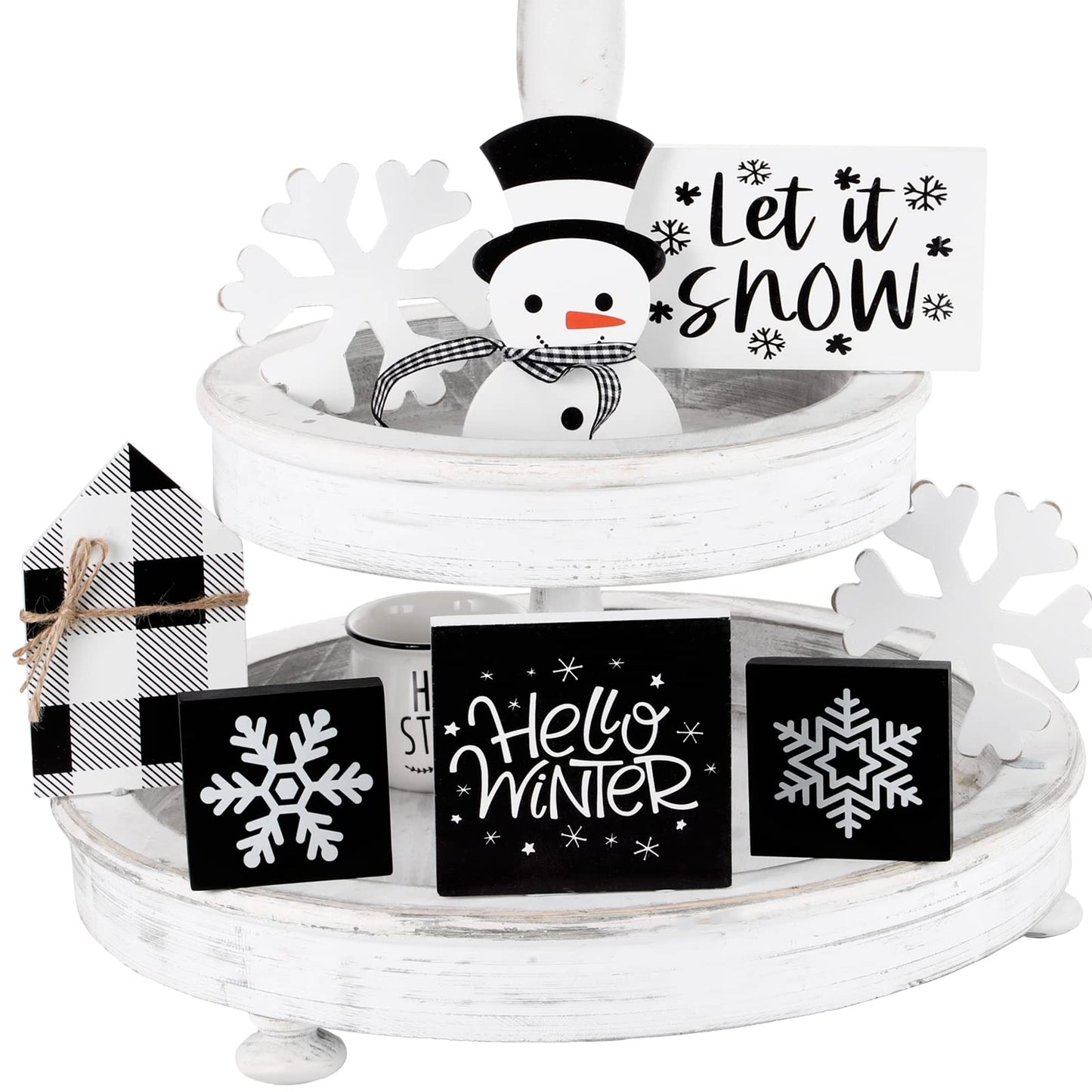 Sawysine 8 Pieces Winter Tiered Tray Decor, Let It Snow Sign Decor Farmhouse Snowflake Wooden Signs for Holiday Shelf Kitchen Coffee Bar(Black, White)