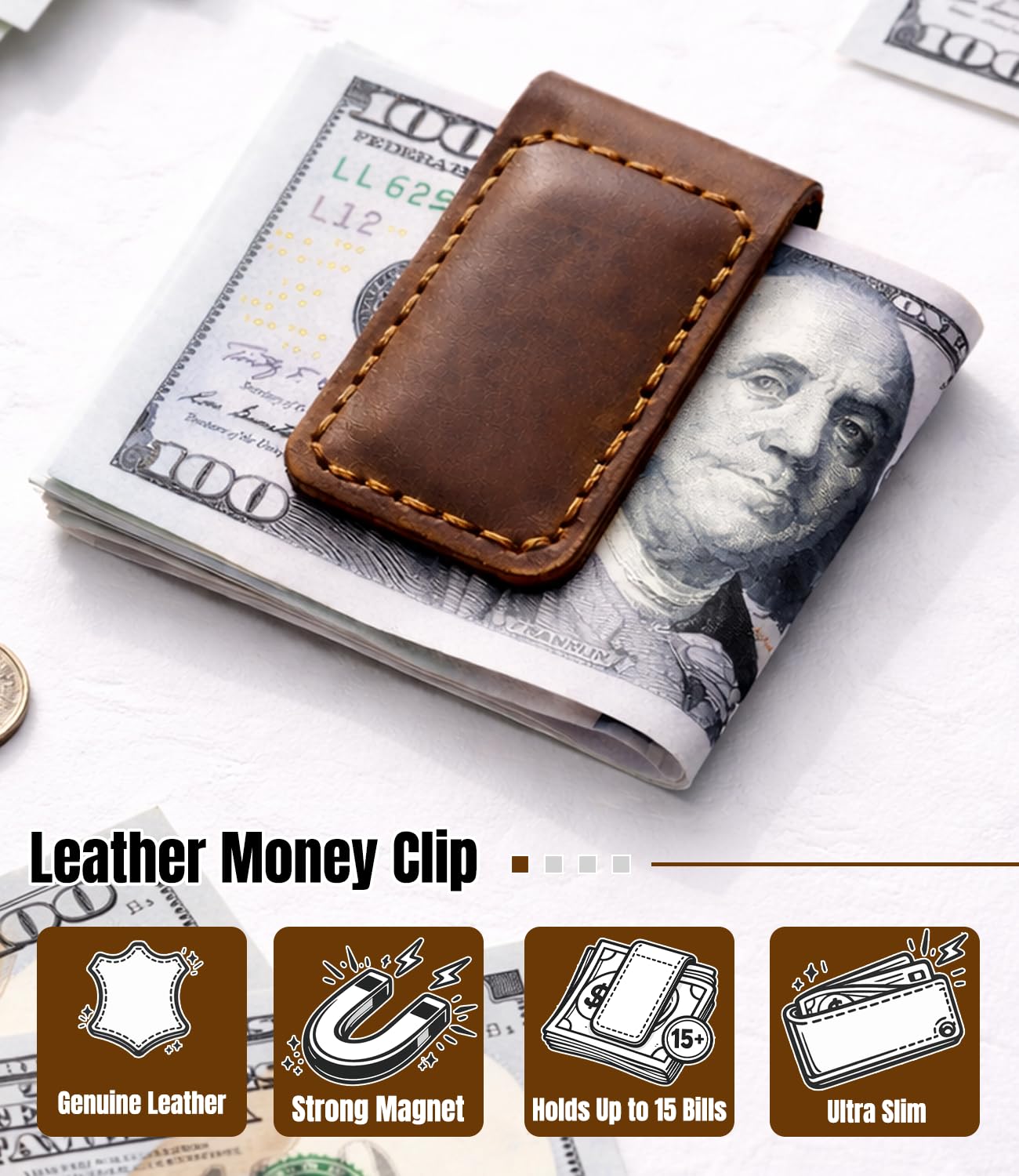 Routoboe Slim Magnetic Money Clip, Genuine Leather Business Card Holder, Gift Box Included
