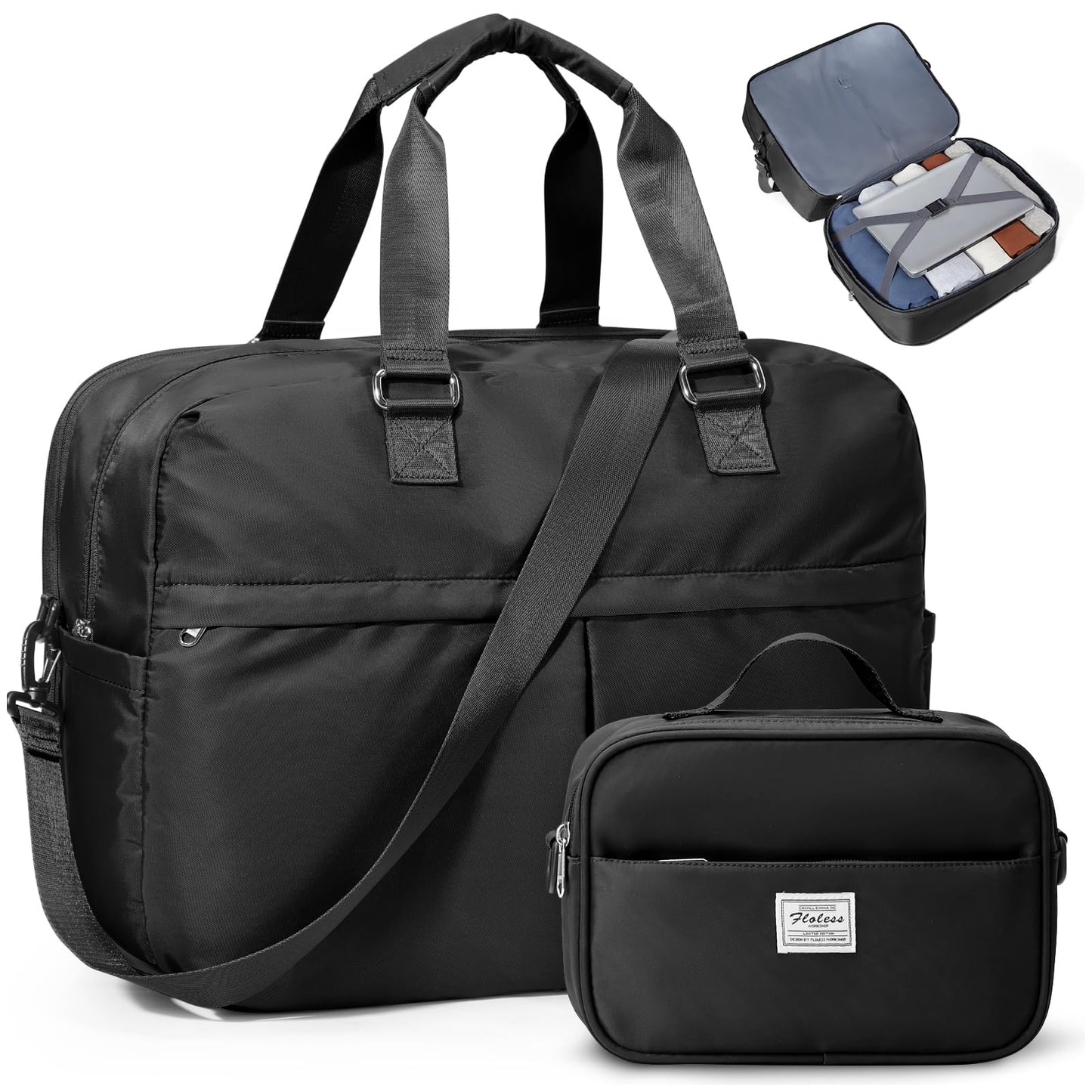 Expandable Personal Item Travel Duffle Bag Weekender Bag for Women Men, Overnight Hospital Carry On Bag with Toiletry Bag for Airplanes Travel Business Trips Sport,Black