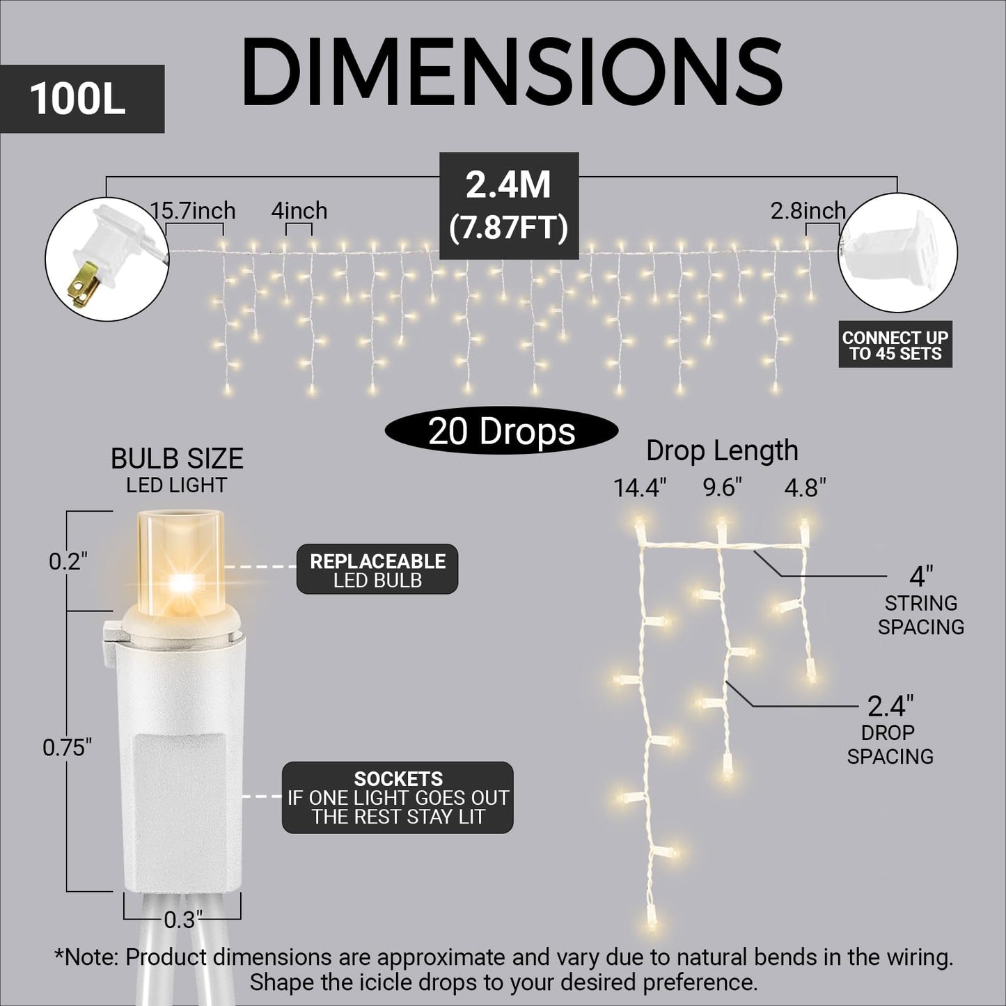 LAMPHOME Warm White Christmas Icicle Lights, 6.2Ft 20 Drops 100LED Connectable Waterproof Lights for Xmas, Thanksgiving Day, Party, Patio, Courtyard, Window, Fence Decor