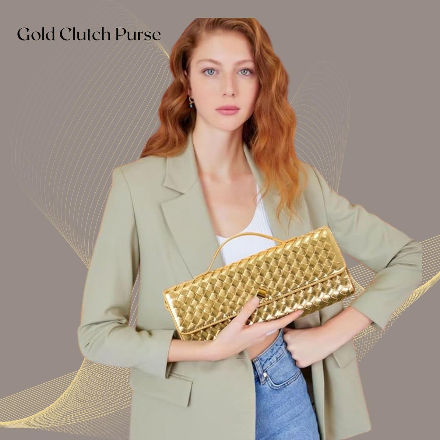 DST Gainbow Woven Clutch Purses for Women, PU Leather Evening Bag,Crossbody Shoulder Handbag with Detachable Strap（Gold）