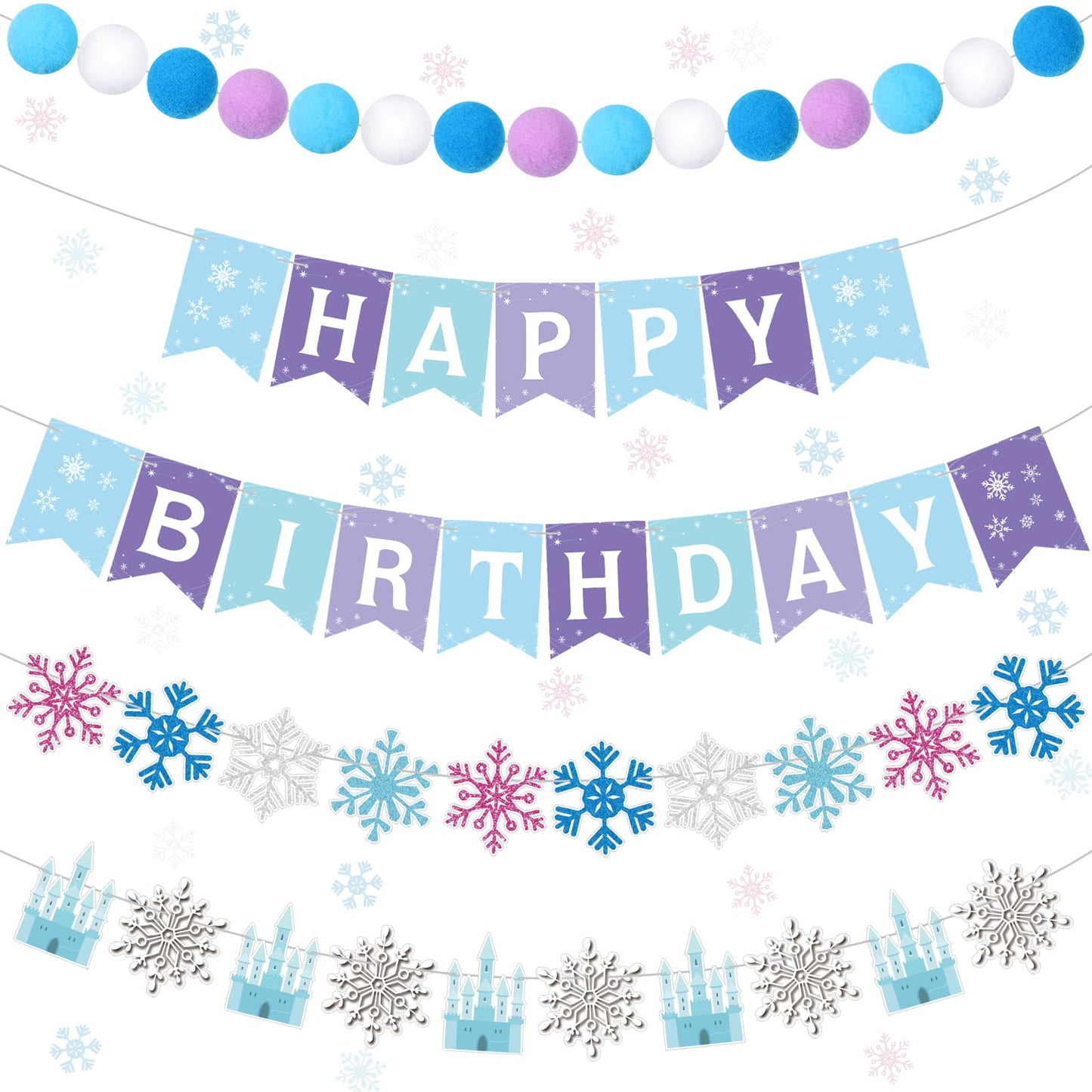 Fanfanwin 5 Pcs Snowflake Happy Birthday Banner Blue Snowflake Banner with Felt Castle Decorations Winter Holiday Party Decorations for Birthday Christmas