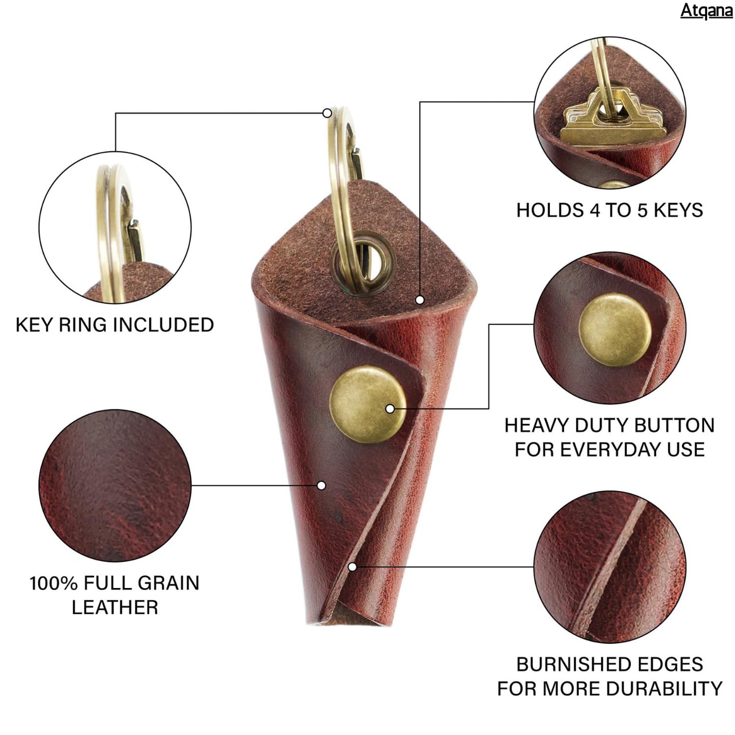 Atqana Leather Key Wrap Cover (Premium Leather) - Key Organizer | Motorcycle Keychain Wrap (Extra Dark Brown) (Brass Button)
