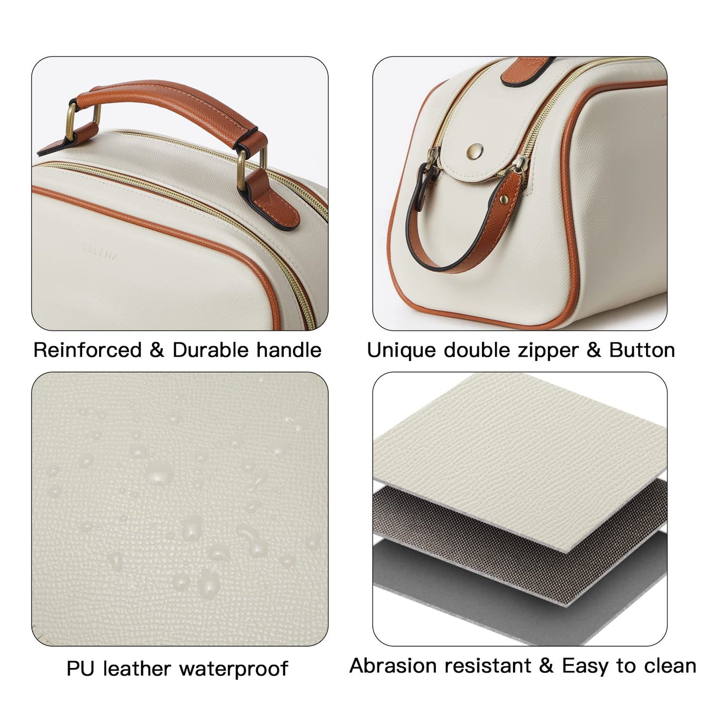 Telena Travel Toiletry Bag Makeup Cosmetic Bags for Women Waterproof PU Leather Toiletry Organizer Portable Large Capacity Beige with Brown