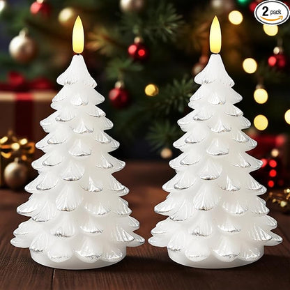 Christmas Decorations Indoor, Christmas Decor - Christmas Tree Candles Battery Operated, Flameless LED Candle Lights with 6H Timer, Xmas Home Decor, Set of 2(White)