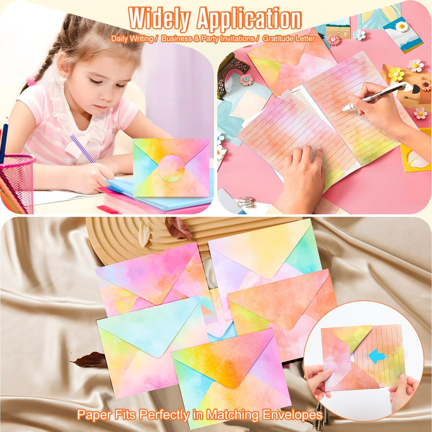 160 Packs Stationery Paper and Envelopes Set, 50 Lined Letter Writing Paper with 50 Matching Envelopes and 60 Round Sticker, 5.5" X 8.25" Cute Stationary Paper Kit with 10 Watercolor Design
