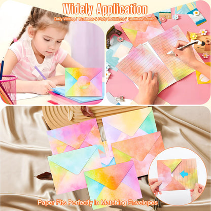 160 Packs Stationery Paper and Envelopes Set, 50 Lined Letter Writing Paper with 50 Matching Envelopes and 60 Round Sticker, 5.5" X 8.25" Cute Stationary Paper Kit with 10 Watercolor Design